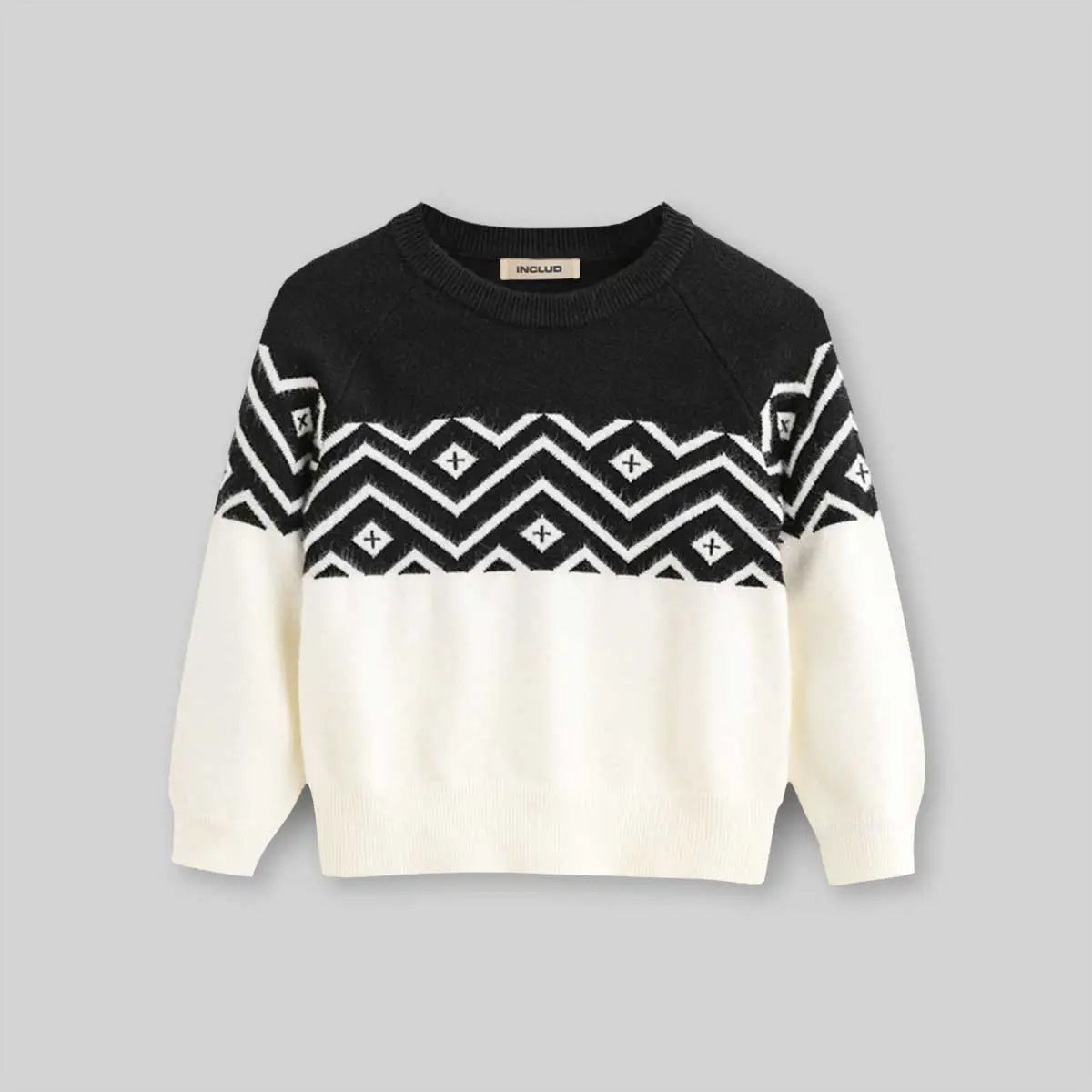Boys Off White Sweater With Self-Design Retro Splicing Patterns Sweaters & Cardigans
