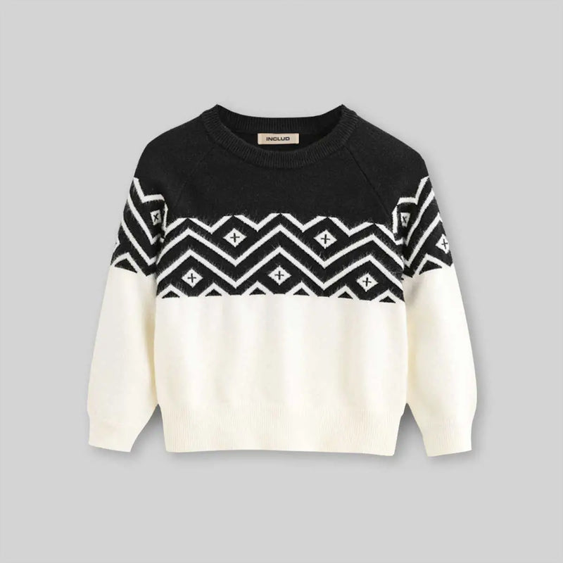 Boys Off White Sweater With Self-Design Retro Splicing Patterns Sweaters & Cardigans