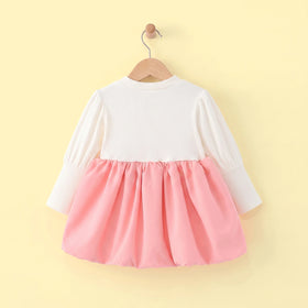Girls Pink Textured Round Neck Balloon Dress Casual Dresses