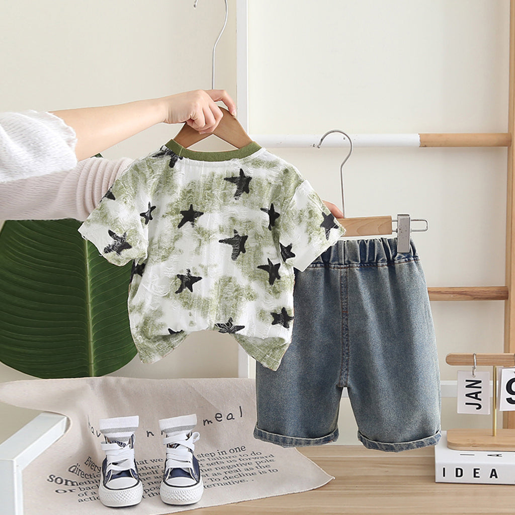 Boys Green Star Print Shorts Sleeves T-Shirt With Denim Shorts Set 2 pc. Sets