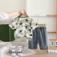 Boys Green Star Print Shorts Sleeves T-Shirt With Denim Shorts Set 2 pc. Sets