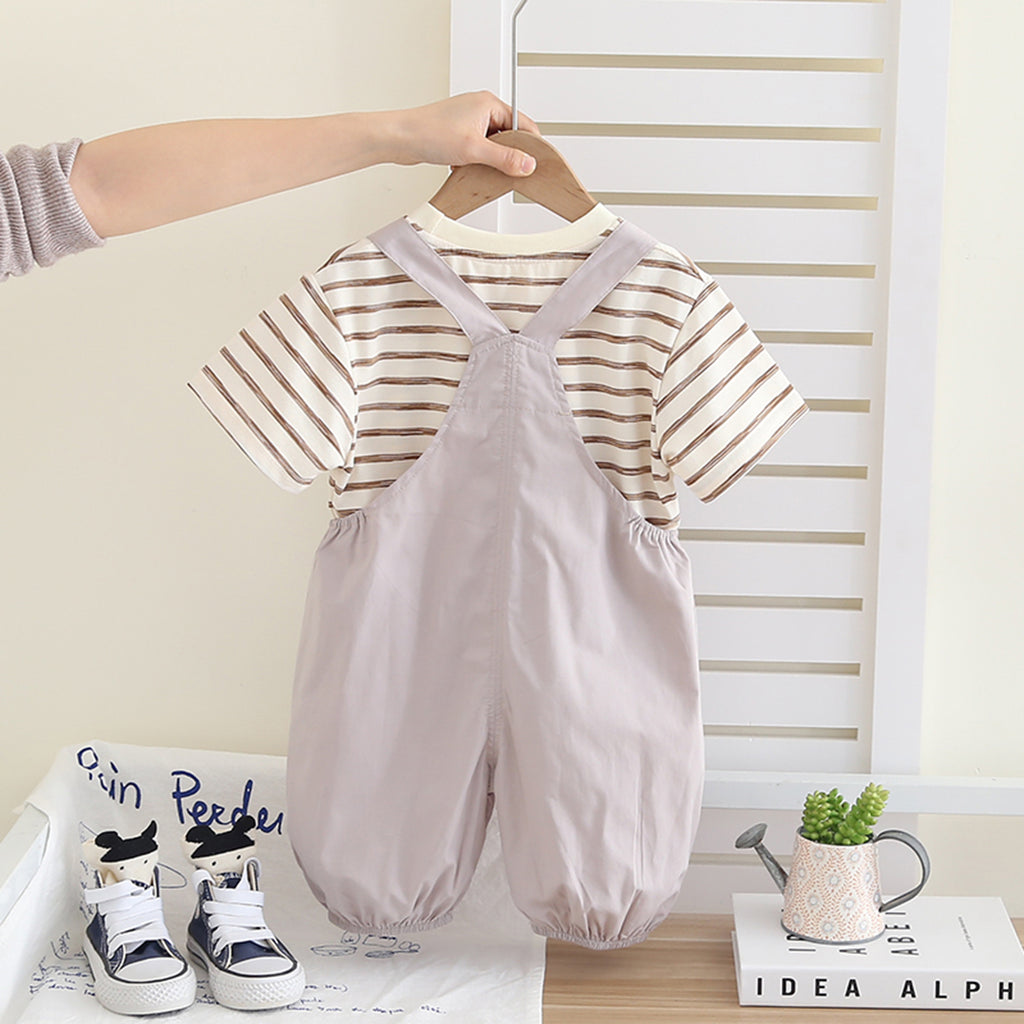 Boys Striped Short sleeves T-Shirt With Light Grey Dungaree Set 2 pc. Sets