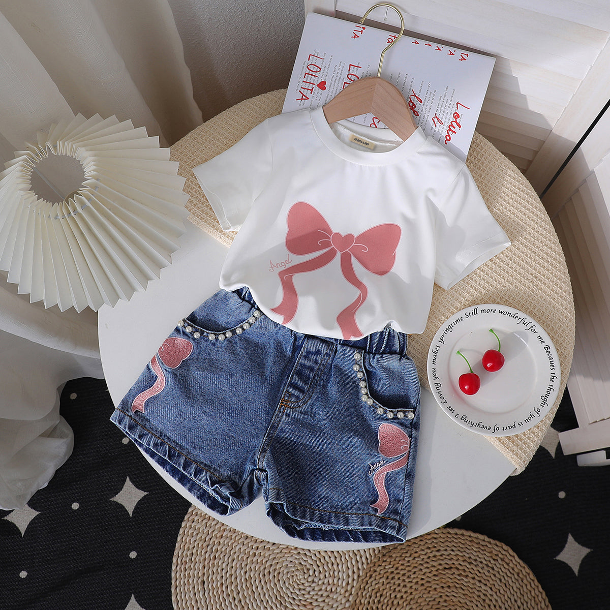 Girls White Short Sleeve Bow Print T-Shirt With Denim Shorts Set 2 pc. Sets