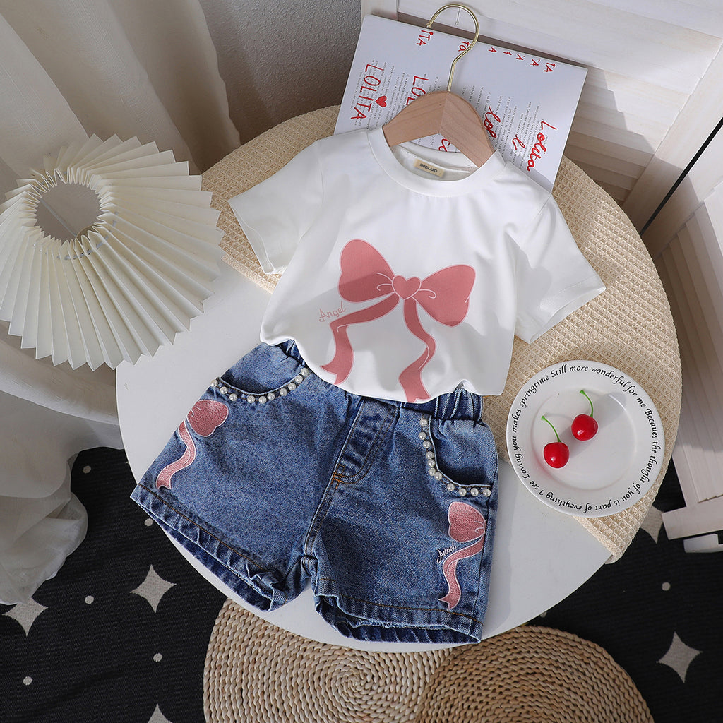 Girls White Short Sleeve Bow Print T-Shirt With Denim Shorts Set 2 pc. Sets White 3-4 Y