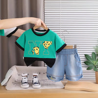 Boys Green Graphic Printed Short Sleeve T-Shirt With Denim Shorts Sets 2 pc. Sets Green 1-2 Y
