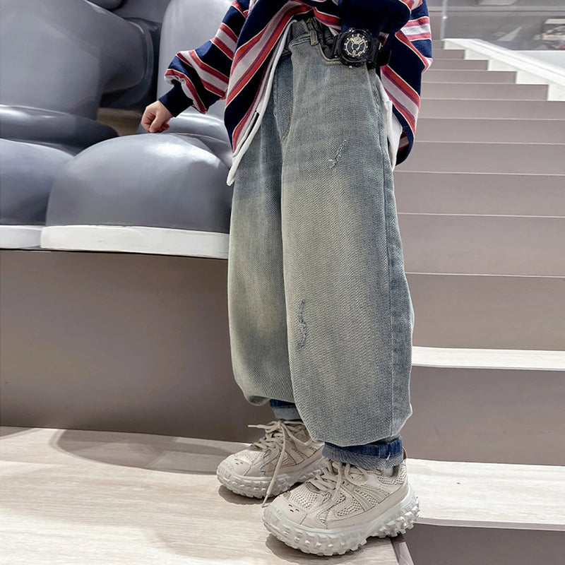 Boys Light Blue Embroidered Loose Fit Denim Jeans Pants