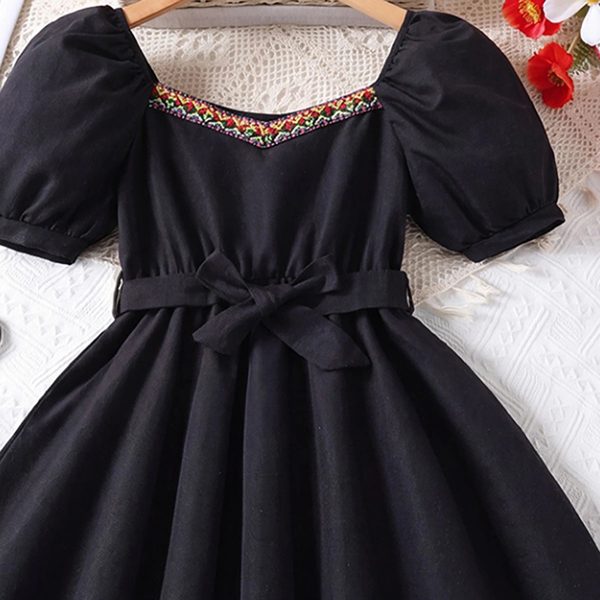 Girls Black Puff Sleeve Fit & Flare Dress With Lace Detail Casual Dresses
