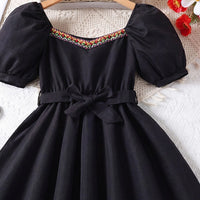 Girls Black Puff Sleeve Fit & Flare Dress With Lace Detail Casual Dresses