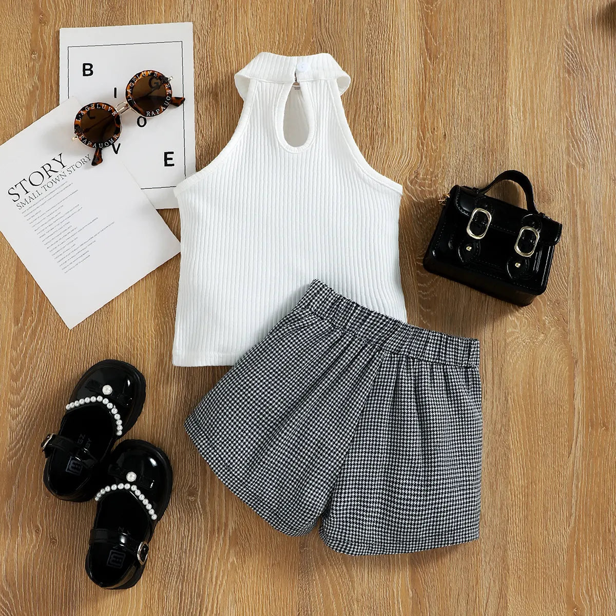 Girls White Ribbed Sleeveless Top With Shorts Sets 2 pc. Sets