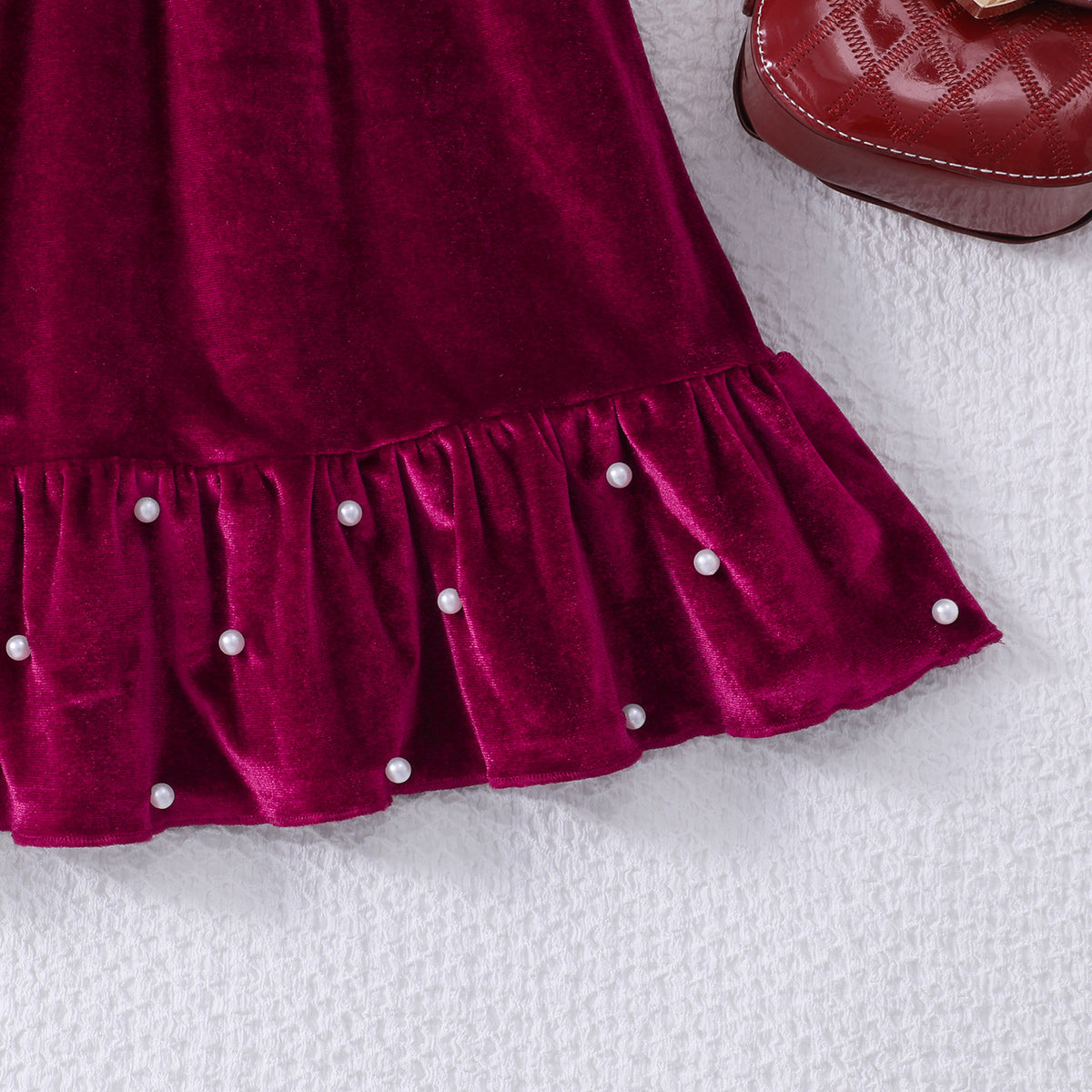 Girls Maroon Solid Velvet Beaded Fit & Flare Dress Casual Dresses