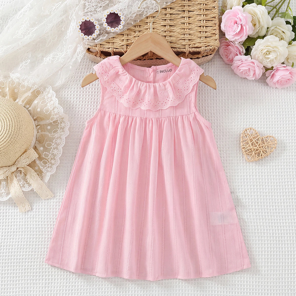 Girls Pink Textured Round Neck A-Line Dress Casual Dresses Pink 1-2 Y