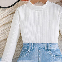 Girls White Textured Long Sleeve Top With Denim Skirt Sets 2 pc. Sets