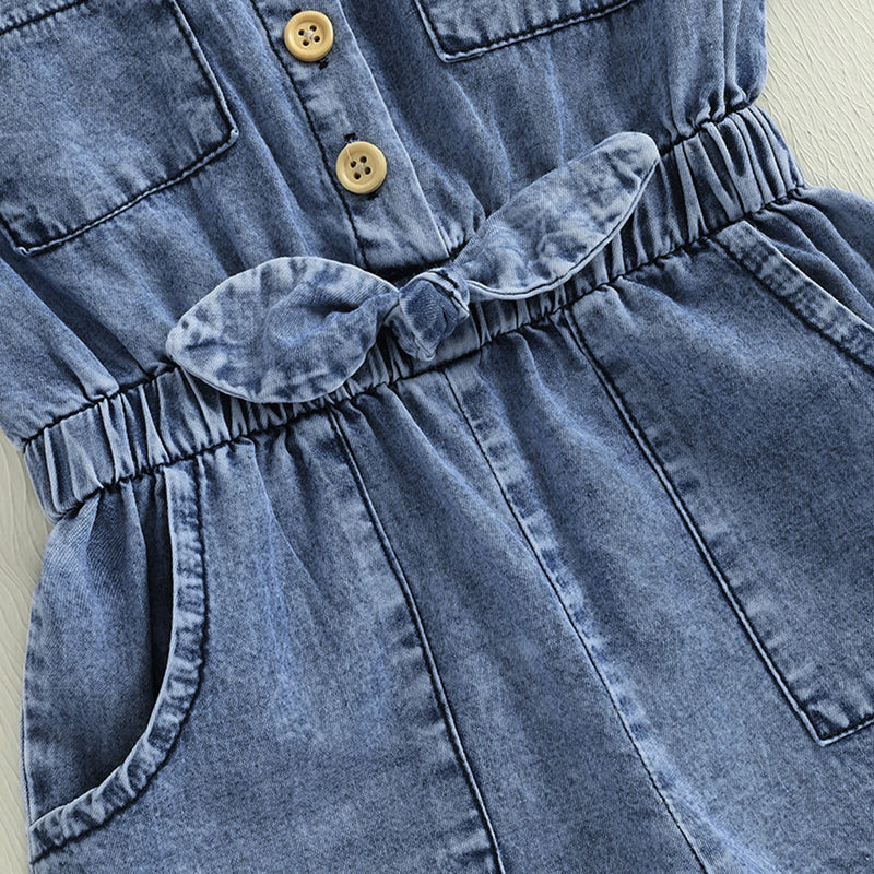 Girls Blue Denim Button Front Short Sleeve Romper With Bow Detail Playsuits