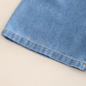 Girls Blue Polk Dot Printed Puff Sleeves Top With Denim Dungaree Set 2 pc. Sets