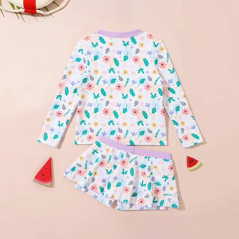 Girls Off White Floral Print Top With Skorts Swimwear Sets Beachwear