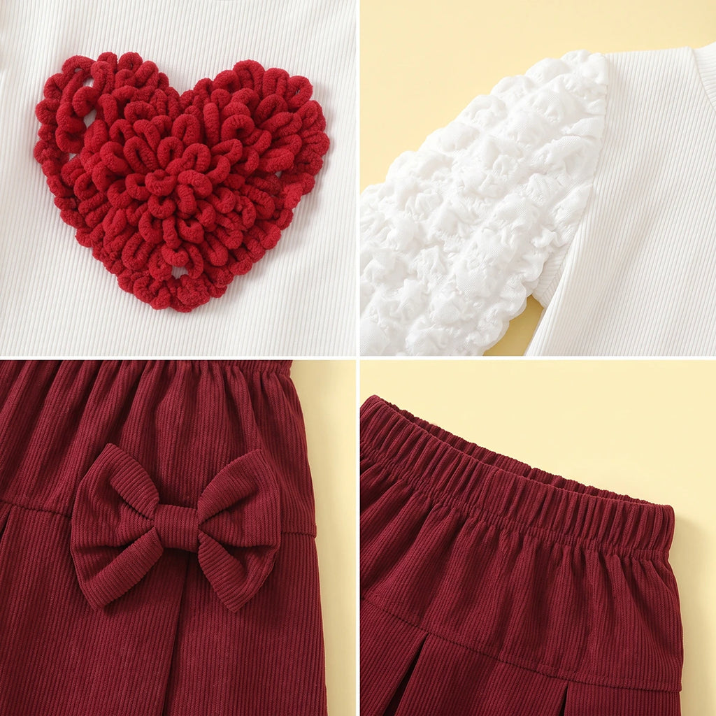 Girls White Heart Applique Long Sleeve Top with Pleated Skirt Sets 2 pc. Sets