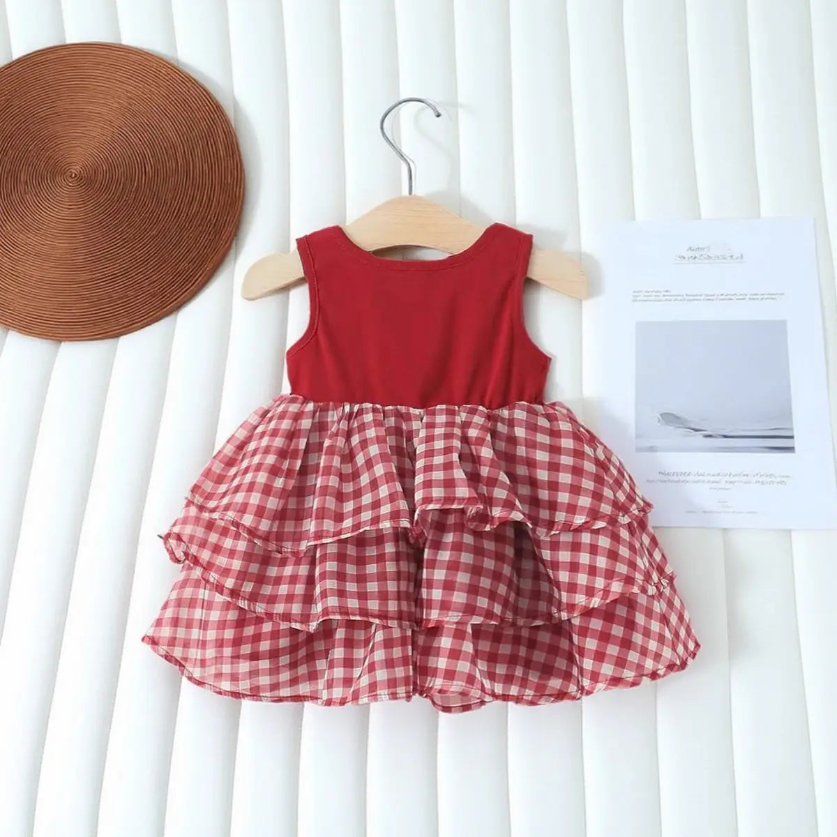 Girls Red Checked Sleeveless Layered Dress Casual Dresses