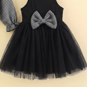 Girls Black Bow Applique Sleeveless Fit & Flare Dress With Shrug Casual Dresses