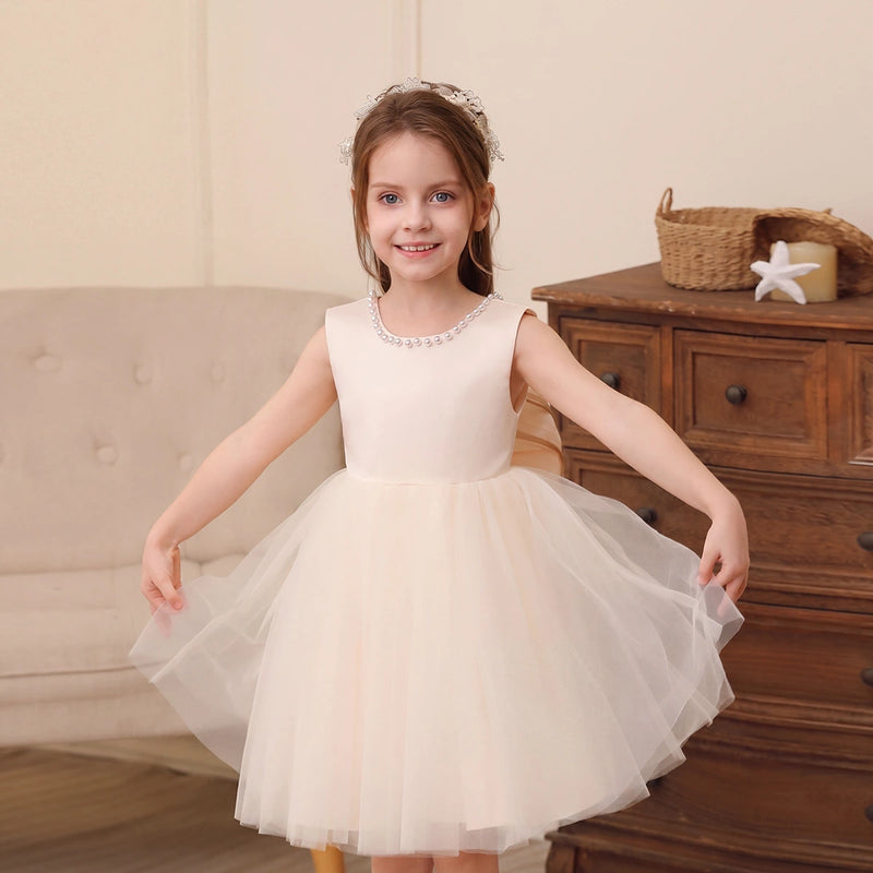 Girls Cream Beaded Neck Sleeveless Fit & Flare Party Dress Party Dresses Cream 2-3 Y