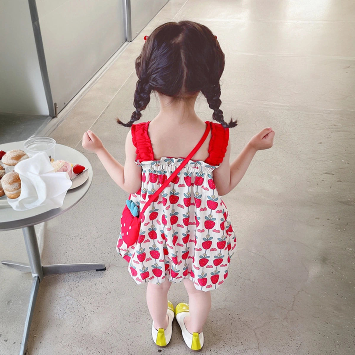 Girls Red Strawberry Printed Sleeveless Jumper Dress with Frill Straps Casual Dresses
