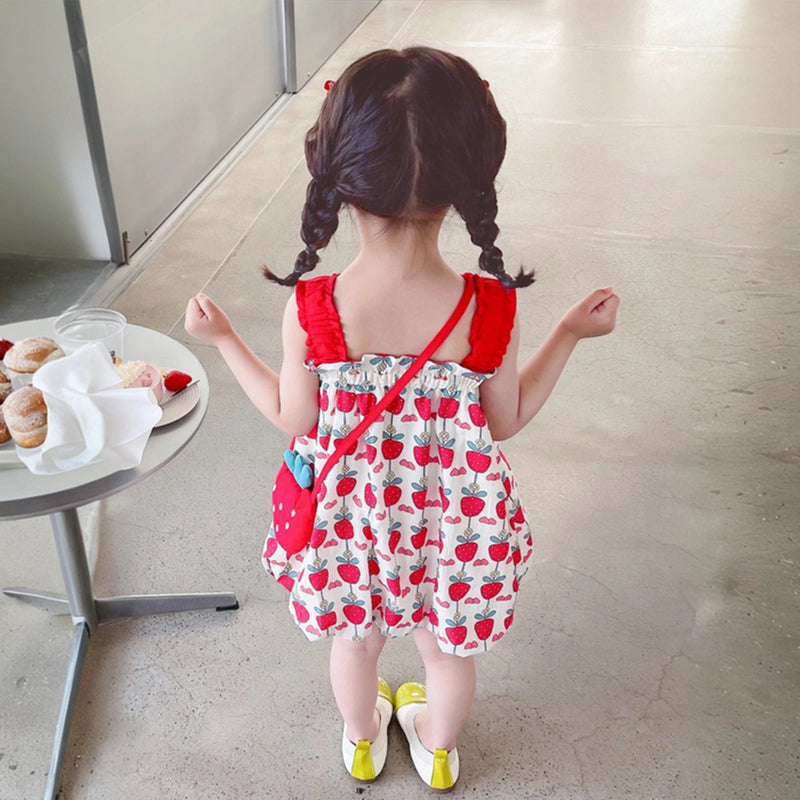 Girls Red Strawberry Printed Sleeveless Jumper Dress with Frill Straps Casual Dresses