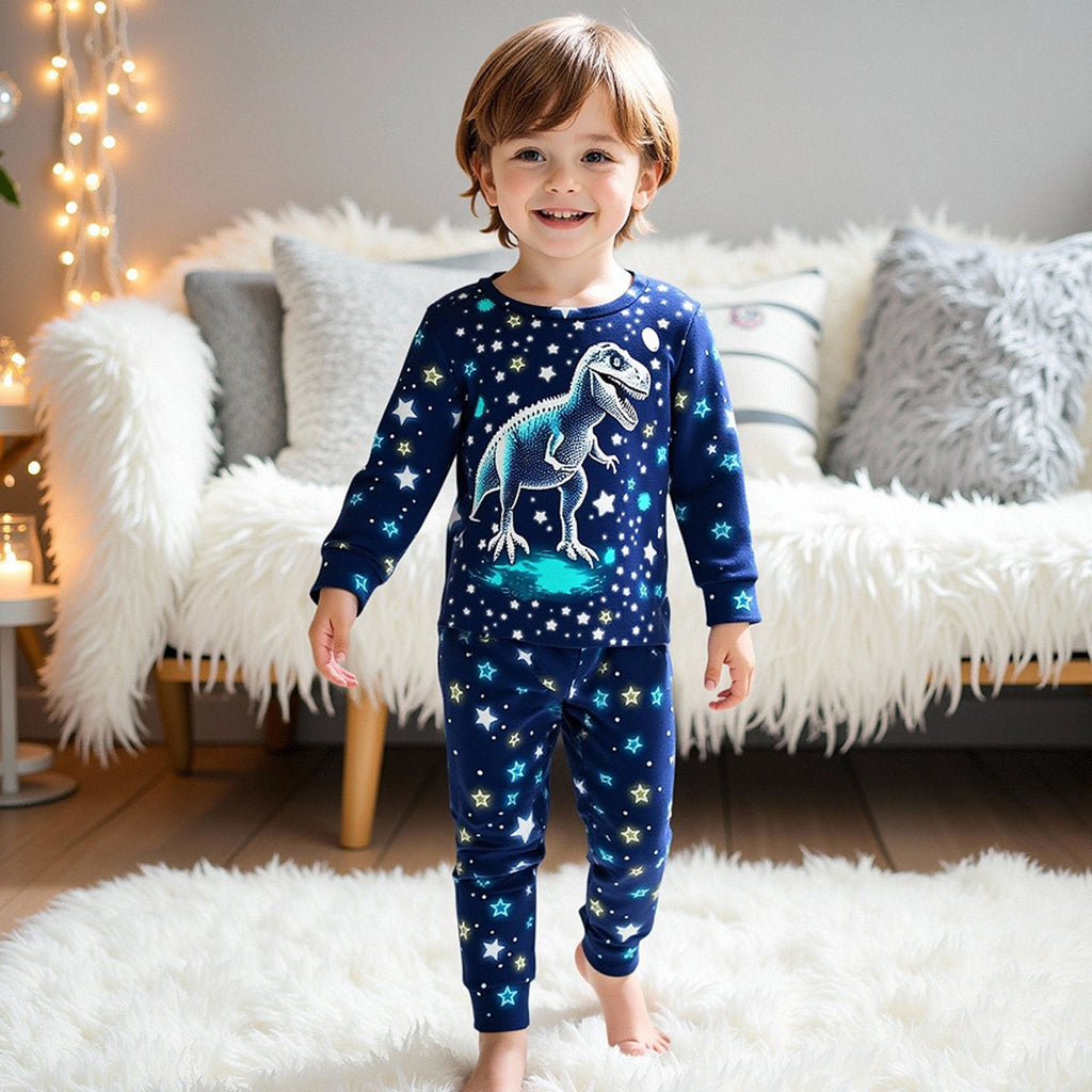 Boys Black Dinosaur Printed Glow in the Dark T-Shirt & Pajama Winter Set 2 pc. Sets