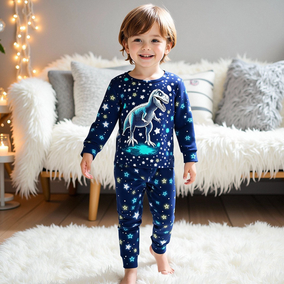 Boys Black Dinosaur Printed Glow in the Dark T-Shirt & Pajama Winter Set 2 pc. Sets