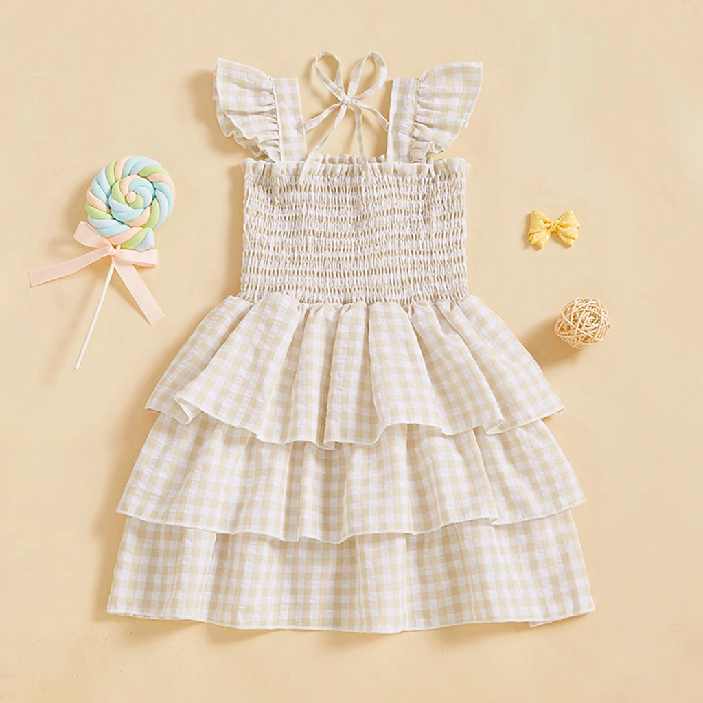 Girls Yellow Checked Flutter Sleeve Smocked Tiered Dress Casual Dresses