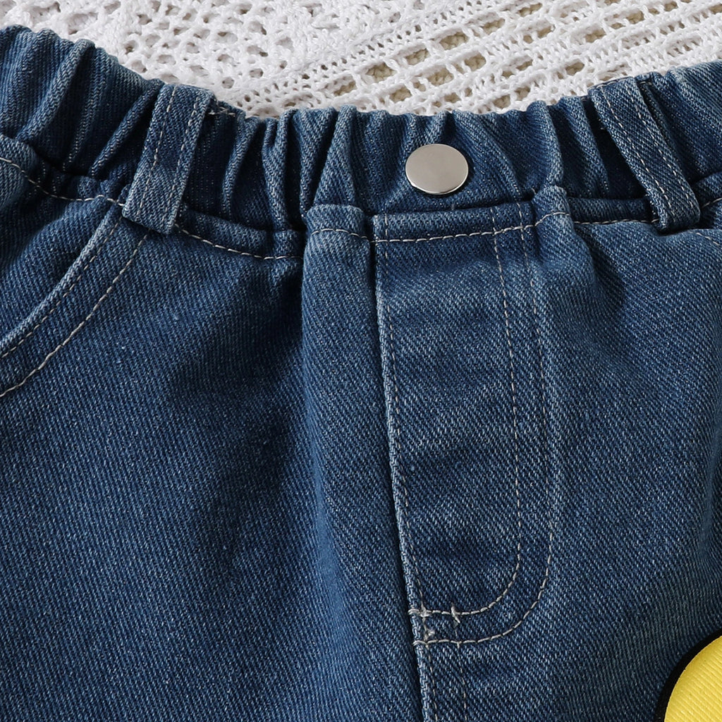 Girls Yellow Crop Top With Distressed Smiley Printed Denim Pants Set Sets