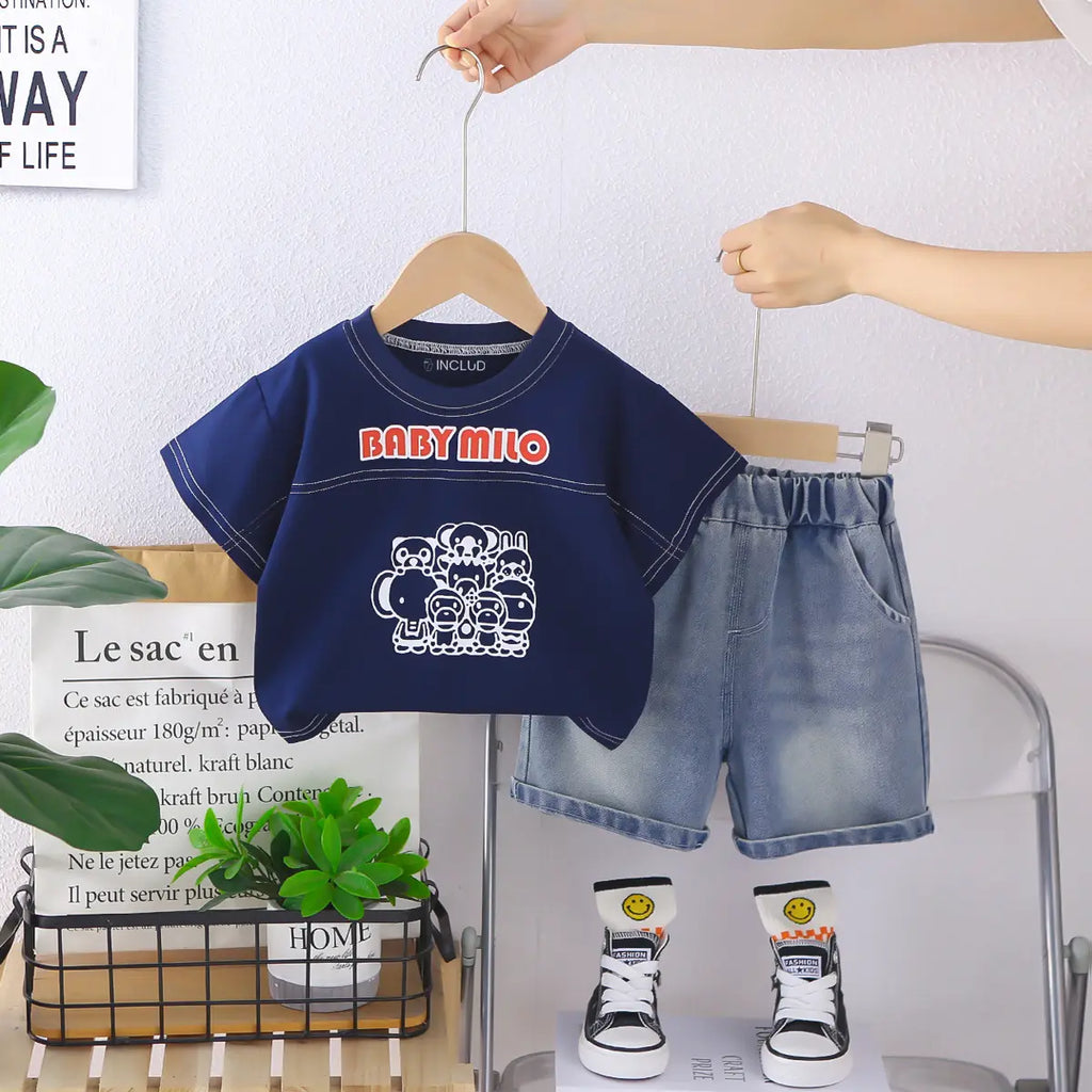 Boys Blue Graphic T-Shirt With Denim Shorts Sets Sets Blue 1-2 Y