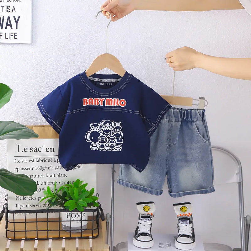 Boys Blue Graphic T-Shirt With Denim Shorts Sets Sets Blue 1-2 Y