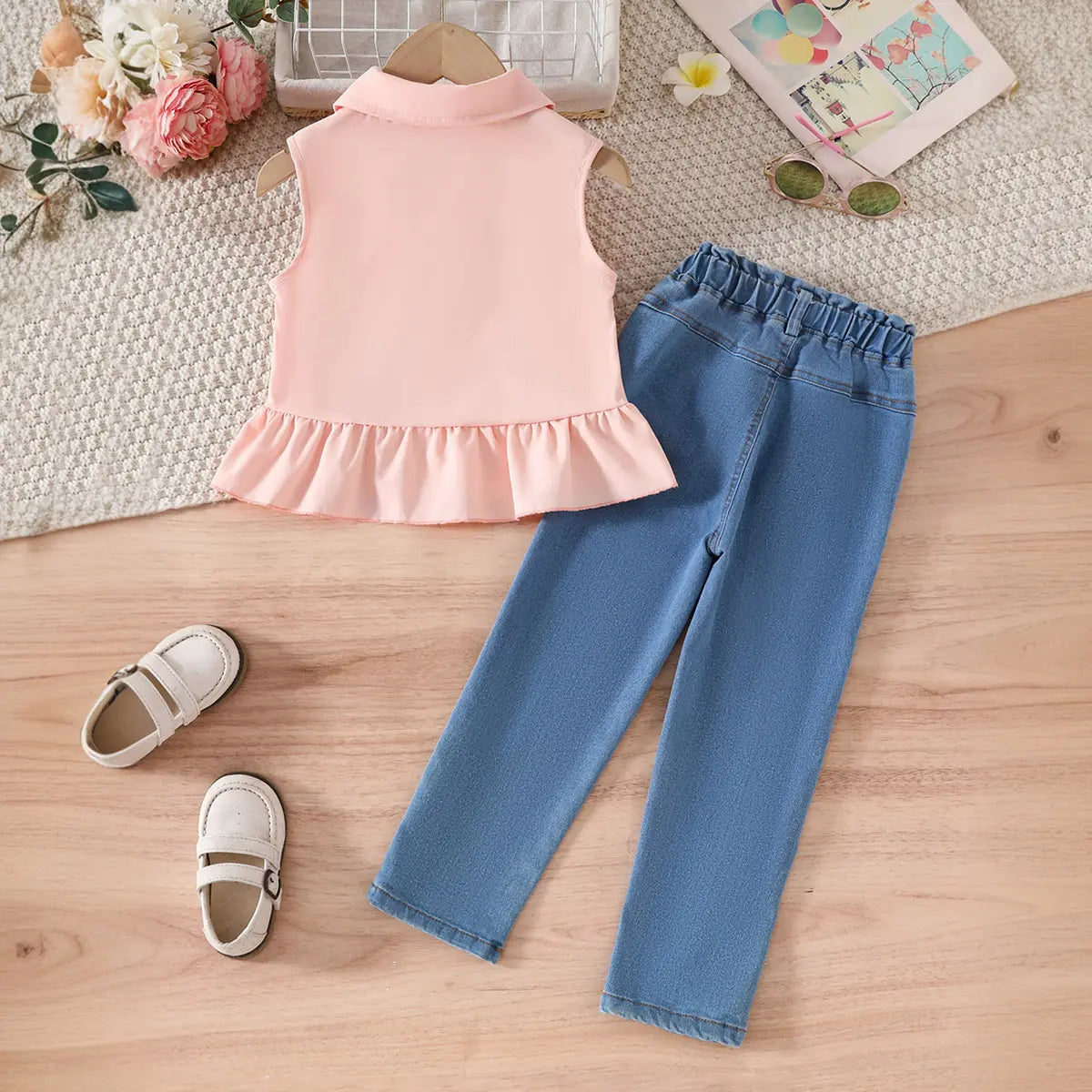 Girls Peach Sleeveless Ruffled Top With Embroidered Denim Pants Set Sets