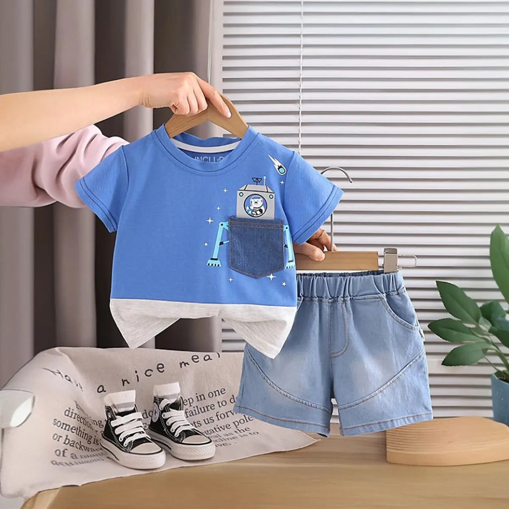 Boys Blue Robot Graphic T-Shirt With Denim Shorts Sets Sets Blue 1-2 Y