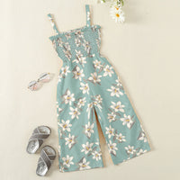 Girls Sea Green Floral Print Smocked Full Length Jumpsuit Jumpsuits Sea Green 1-2 Y