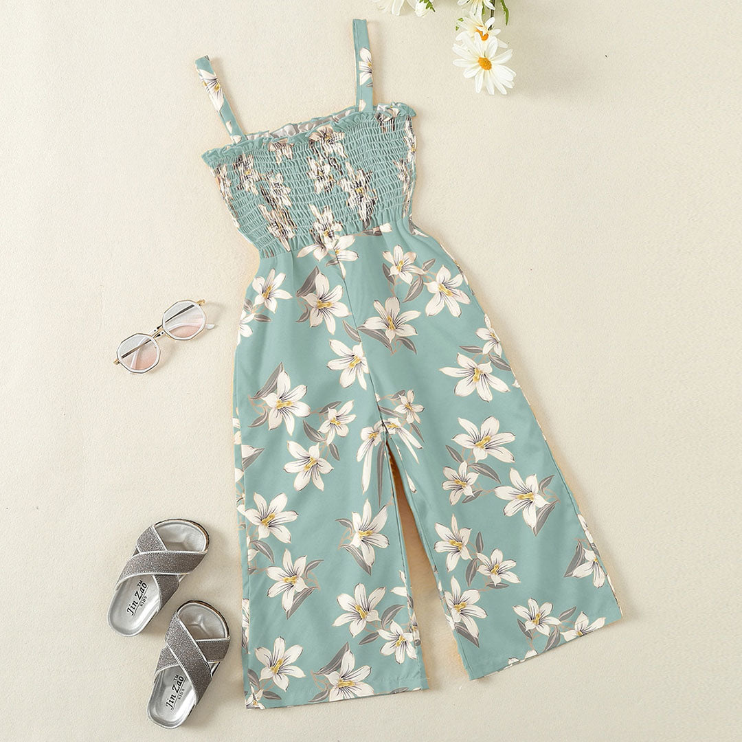 Girls Sea Green Floral Print Smocked Full Length Jumpsuit Jumpsuits Sea Green 1-2 Y