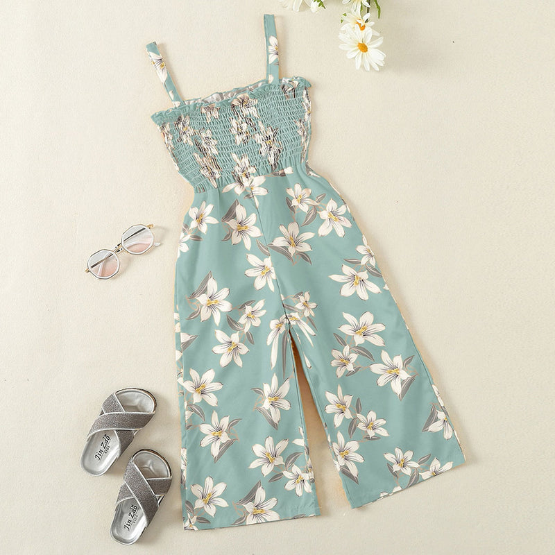 Girls Sea Green Floral Print Smocked Full Length Jumpsuit Jumpsuits Sea Green 1-2 Y