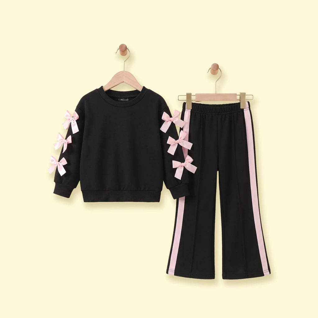 Girls Black Bow Applique Sweatshirt & Pants Sets 2 pc. Sets Black 2-3 Y
