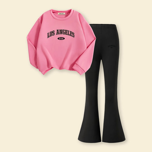 Girls Pink Typographic Sweatshirt With Flared Pants Sets 2 pc. Sets Pink 7-8 Y