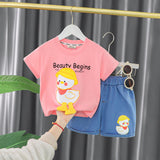 Girls Pink Short Sleeve Graphic T-Shirts With Graphic Denim Shorts