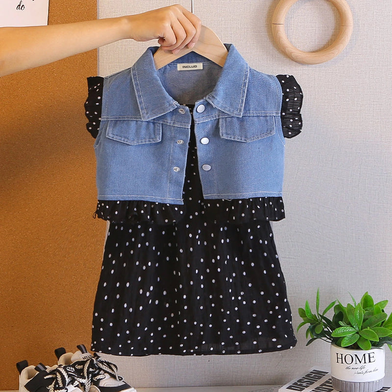 Girls Black Polka Dot Print A-line Dress With Sleeveless Denim Vest Casual Dresses Black 1-2 Y