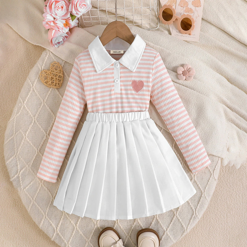Girls Pink Stripes Heart Embroidered Top With Pleated Skirt Sets Sets
