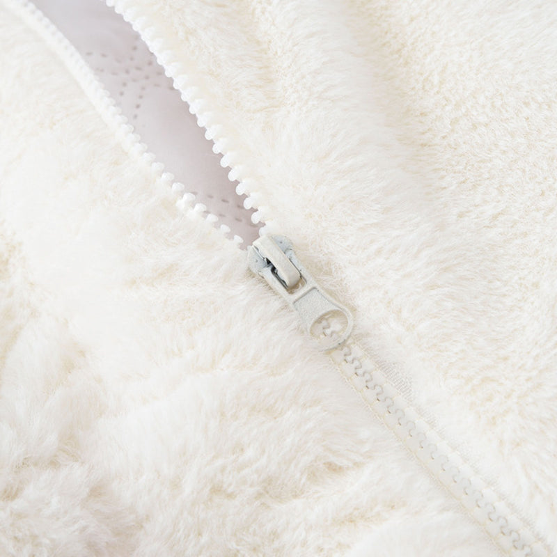 Girls White Solid Polar Fleece Ear Hooded Jacket Coats & Jackets