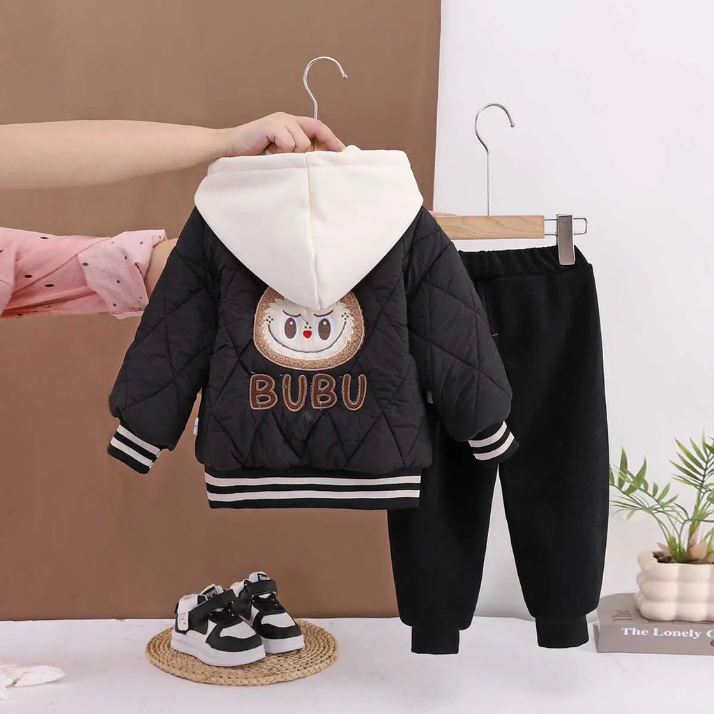 Boys Black Quilted Puffer Hooded Jacket With Jogger Sets Sets