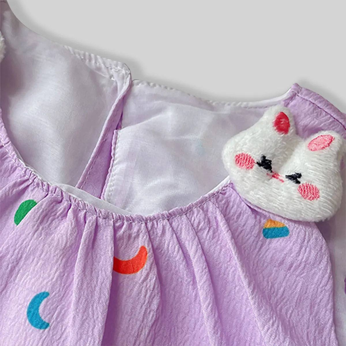 Girls Purple Printed Sleeveless Balloon Dress With Rabbit Appliqued Casual Dresses