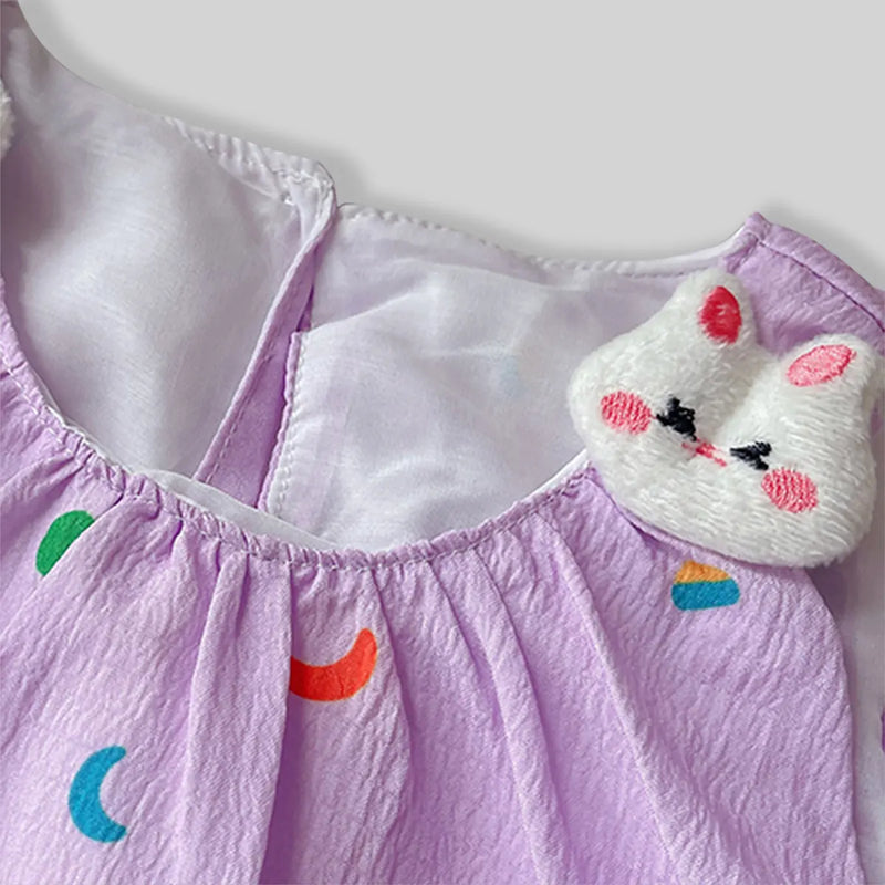 Girls Purple Printed Sleeveless Balloon Dress With Rabbit Appliqued Casual Dresses