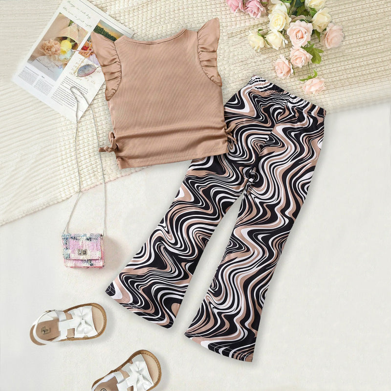 Girls Light Brown Flutter Sleeves Top With Abstract Printed Pants Set 2 pc. Sets