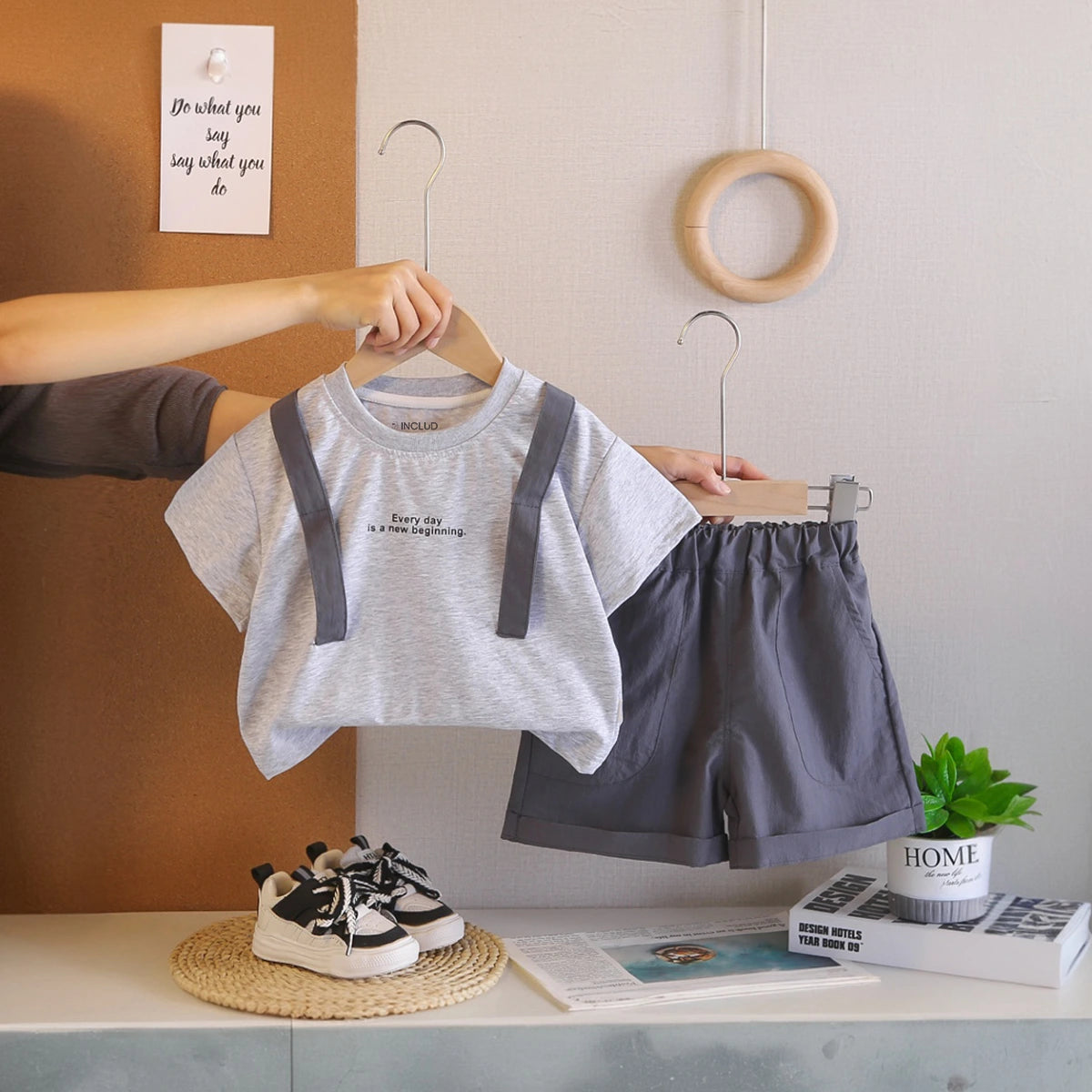 Boys Grey Bag Pack Applique Short Sleeve T-Shirt With Elasticated Shorts Sets 2 pc. Sets Grey 1-2 Y