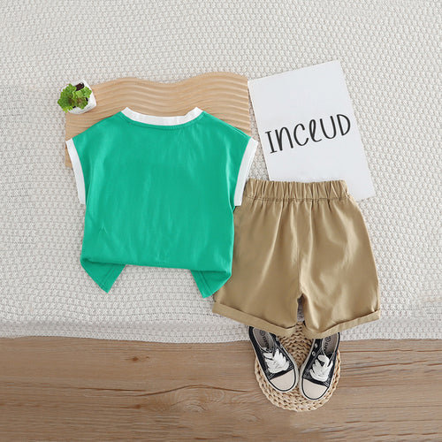 Boys Green Graphic Extended Shoulder T-Shirt With Shorts Set 2 pc. Sets