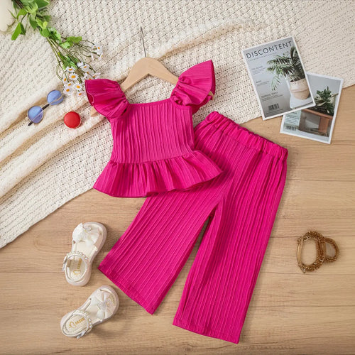 Girls Fuchsia Self Stripe Peplum Top With Pants Co-ord Sets Sets