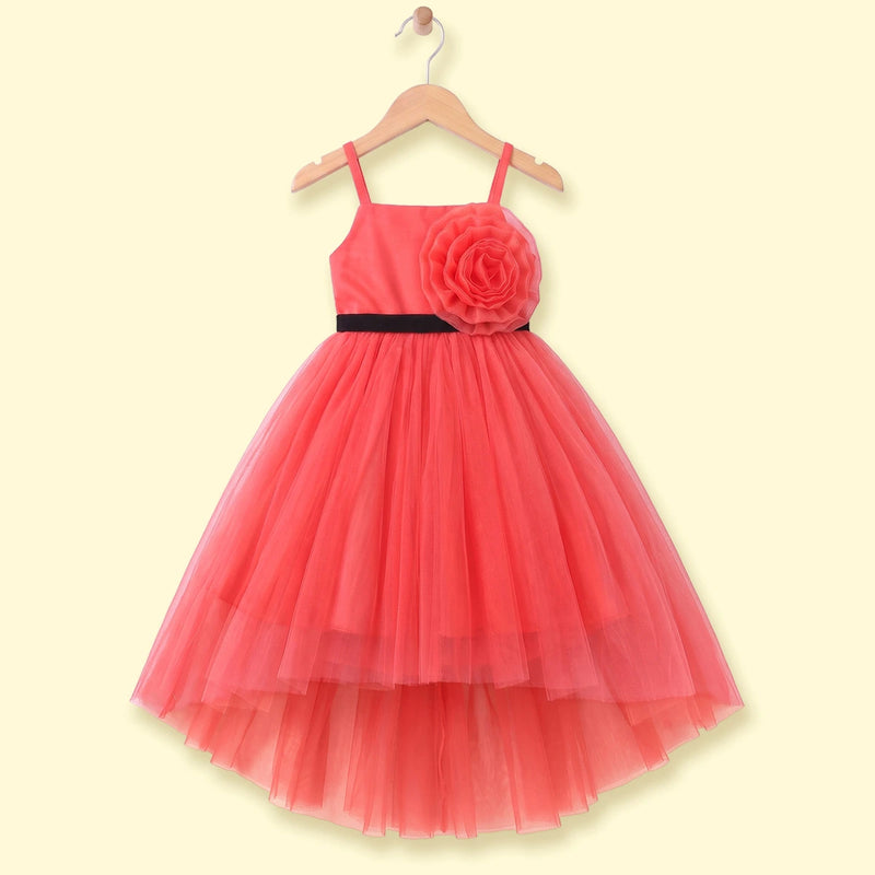 Girls Coral Floral Applique Sleeveless High-Low Party Dress Party Dresses Coral 2-3 Y